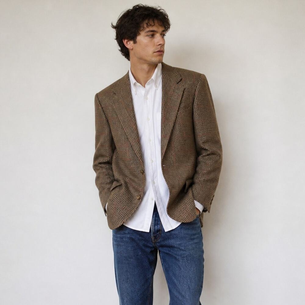 VTG Polo Ralph Lauren Houndstooth Blazer 44R Brown Tweed Ivy League Preppy